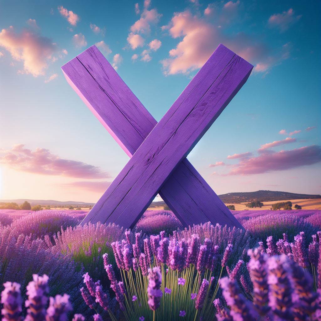 Lila X steht im Lavendelfeld mit Himmel im Hintergrund